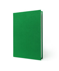 Green standing hardcover book isolated, perspective view. Cover made of natural linen fabric with uneven rough texture.