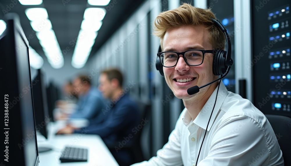 Aufkleber smiling tech support agent wearing headset in a data center.