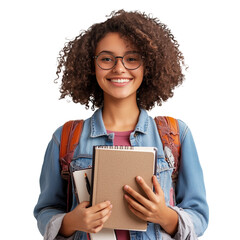 Retrato de uma linda estudante universitária, adolescente afro-americana carregando seus livros e olhando para a câmera