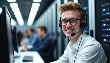Smiling tech support agent wearing headset in a data center.