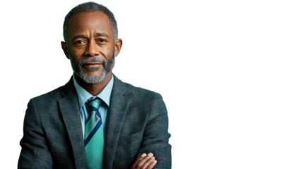 Confident senior businessman with folded arms on transparent background