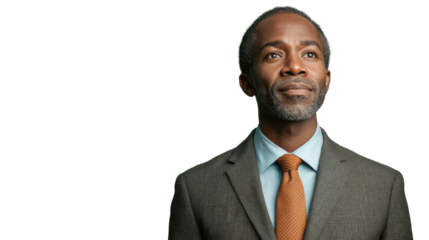 Confident businessman looking up with hope on transparent background