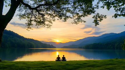 Fototapeta premium Couple meditating by serene lake at sunset, mountains background. Perfect for wellness, mindfulness, peace concepts