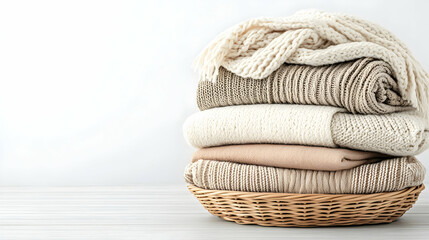 Cozy knitwear stack in wicker basket, white background, autumn/winter feel, website/blog use