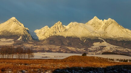 Beautiful winter mountain landscape at sunrise. National park High Tatras winter sunrise view and mountain. Discover the spring beauty of the mountains and health in nature. and health in nature
