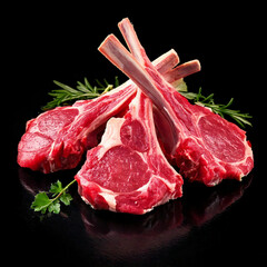 raw lamb rib chops isolated on black background