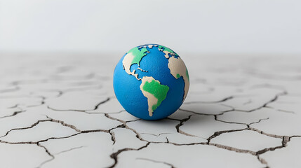 Cracked earth, miniature globe, climate change, environmental concept, stock photo