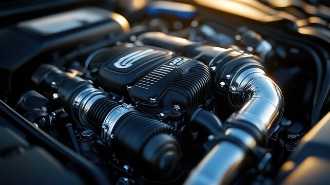 Close-up of a powerful, modern car engine.