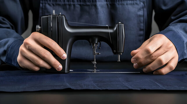 Craftsman using vintage sewing machine on dark fabric, close-up shot. Ideal for DIY, repair, or fashion blogs