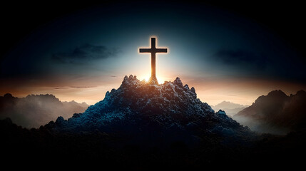 Cross atop mountain sunrise, hope, faith, spiritual background, religious imagery