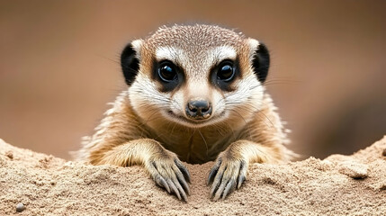 Fototapeta premium Curious meerkat peeking from sand, wildlife portrait, African savanna background, ideal for nature documentaries