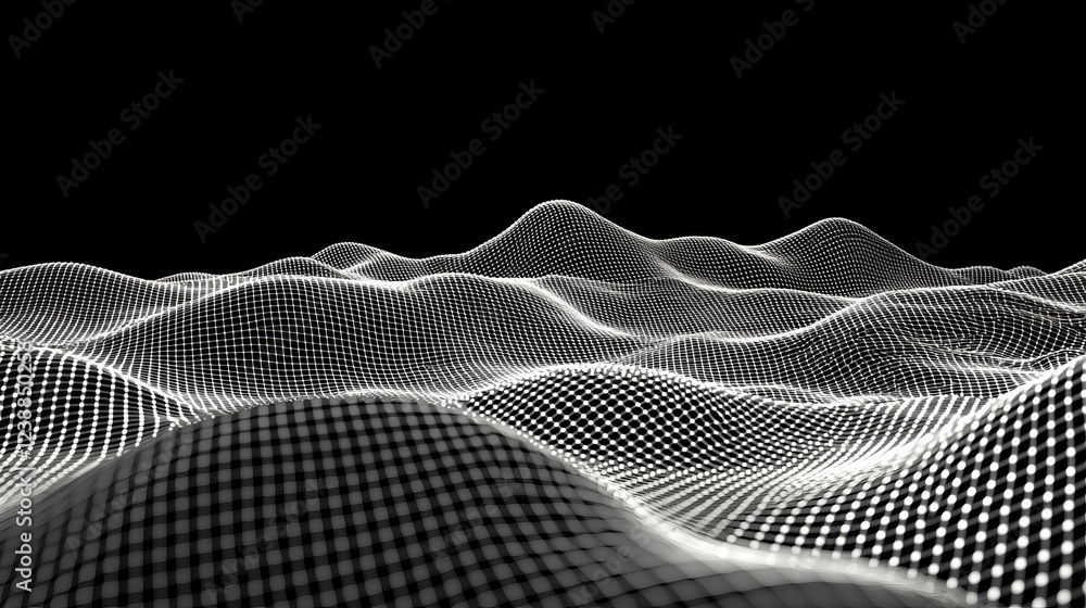 Poster dynamic light wave patterns on a black background in 3d visualization