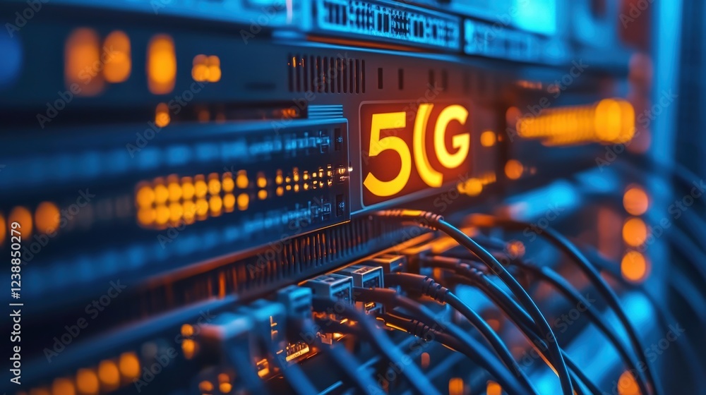 Poster network server equipment transmitting 5g data with blinking lights in a data center, highlighting ad