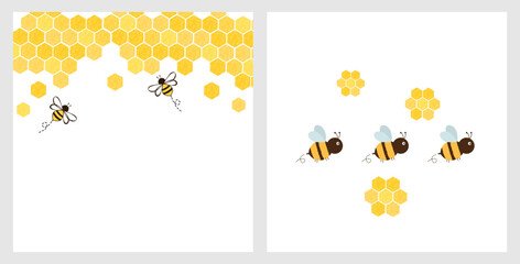 Beehive honey sign with hexagon grid cells and bee cartoons on white backgrounds vector.