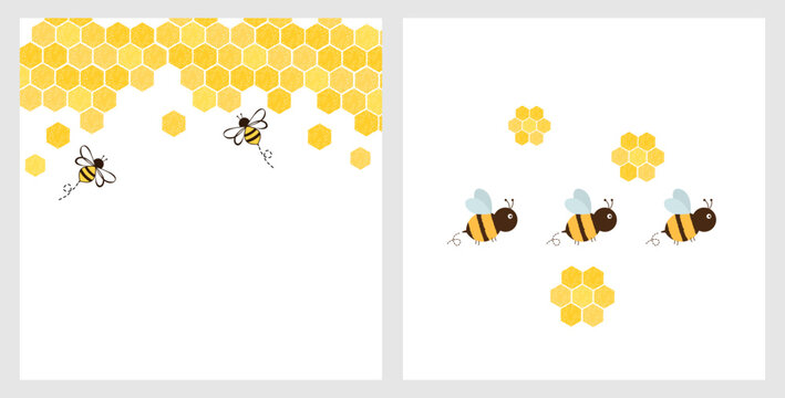 Beehive honey sign with hexagon grid cells and bee cartoons on white backgrounds vector.