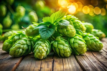 Fototapeta premium Fresh Green Hop Cones on Rustic Wooden Tabletop