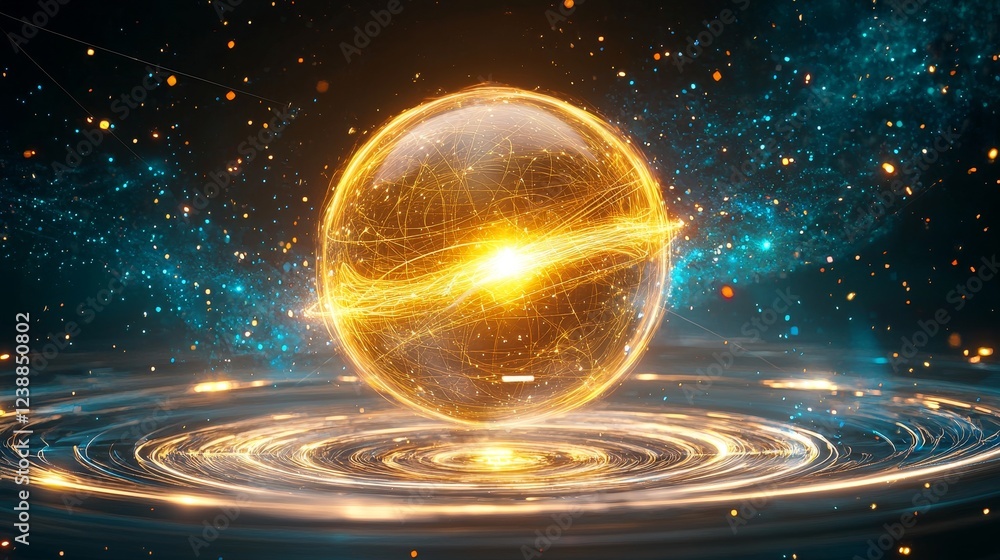 Poster merging digital realms with classical mechanics in an illuminated sphere