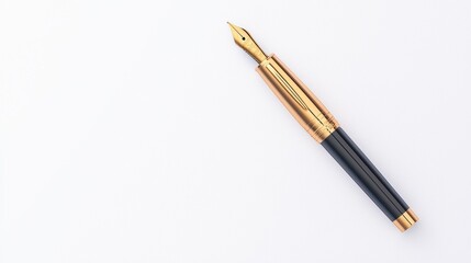 A luxurious fountain pen with a gold nib resting on a clean white surface.