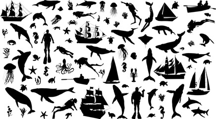 Obraz premium sea ​​silhouette collection,ships,whales,fish,scuba diver,jellyfish collection,set silhouette on white background vector