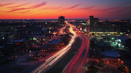 As the sun sets, a stunning array of colors fills the sky above a busy city