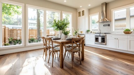 Bright and Airy Modern Kitchen with Natural Light and Wooden Accents in Open Concept Dining Space