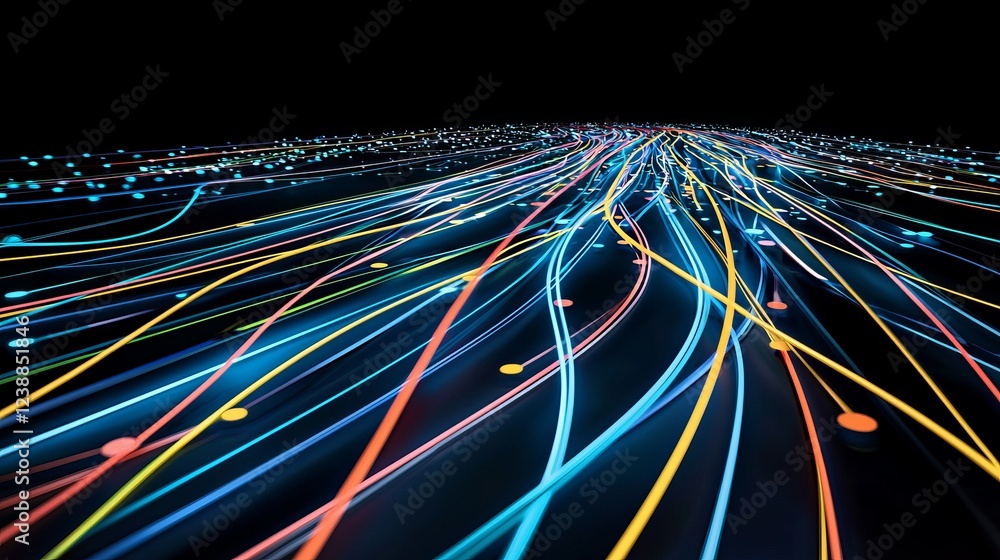 Poster colorful luminescent lines illustrating particle physics concepts and motion