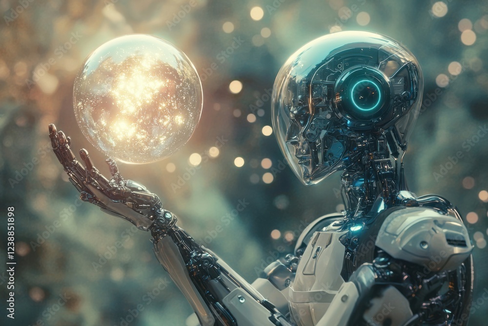 Poster a futuristic robot holds a glowing orb, surrounded by a dreamy, ethereal background filled with shim