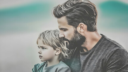Fototapeta premium Father and son bonding, outdoors, scenic background, family love