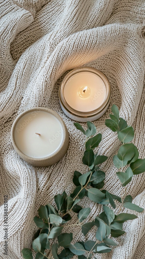 Aufkleber softly glowing candles rest beside fresh greenery, creating a tranquil atmosphere on a cozy blanket,