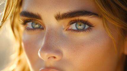 Fototapeta premium Close-up of a woman's face with blue eyes and freckles, sunlit skin.