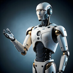 Advanced humanoid robot presenting technology innovation future 3d gold grey dark model white design
