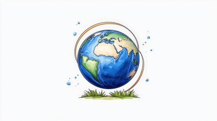 Colorful and Artistic Illustration of the Earth Surrounded by Water Drops and Green Grass