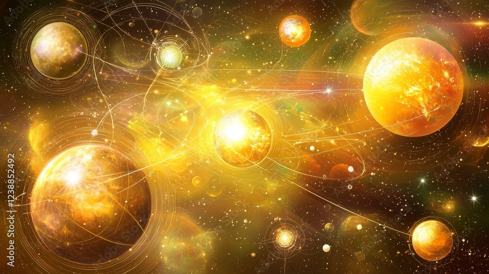 Poster visual representation of quantum entangled particles in cosmic background