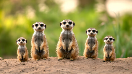 Five meerkats standing in a row, alert, African savanna background, wildlife photography for nature documentaries