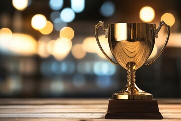 A gleaming trophy stands on a wooden surface, illuminated by soft bokeh lights, symbolizing achievement and success.