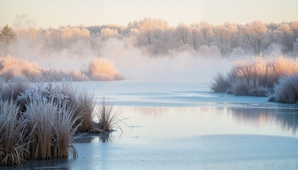 Obraz premium Serene frost-covered riverside with mist rising, winter tranquility