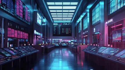 Digital economy, virtual reality trading floor, 3D illustration. 