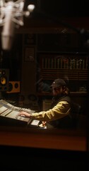 A sound engineer sits in front of an audio mixer while recording a song in a recording studio
