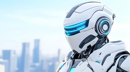 Futuristic robot overlooking cityscape, technological advancement, urban background, science fiction illustration