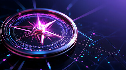 Futuristic compass guiding navigation, digital network background, technology concept, website banner