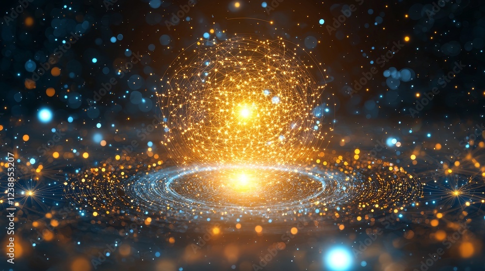 Poster abstract quantum reality concept with techy elements and light particles