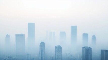 Naklejka premium A hazy skyline of tall buildings obscured by fog, creating a serene yet mysterious urban atmosphere.