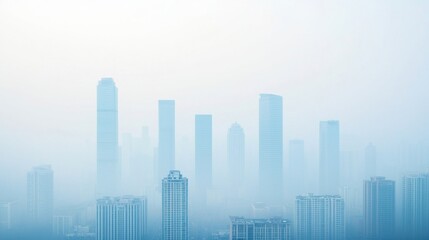 A misty city skyline obscured by haze, featuring tall skyscrapers and a muted color palette, creating a serene yet mysterious atmosphere.