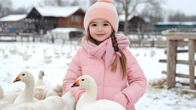 Girl in pink, winter farm, geese, snowy village background
