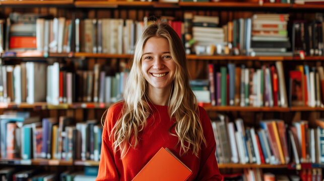 A smiling woman with long blonde hair stands in front of bookshelves