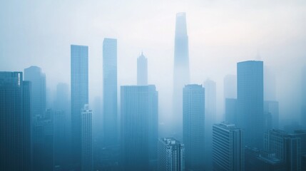 Fototapeta premium A misty city skyline with towering buildings partially obscured, creating a mysterious and atmospheric scene.
