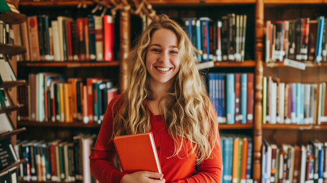 A smiling woman stands in front of bookshelves, holding a notebook. She is surrounded by various books on shelves
