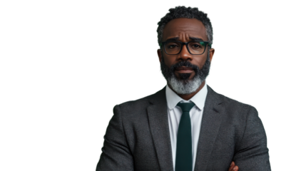 Serious senior businessman with folded arms on transparent background