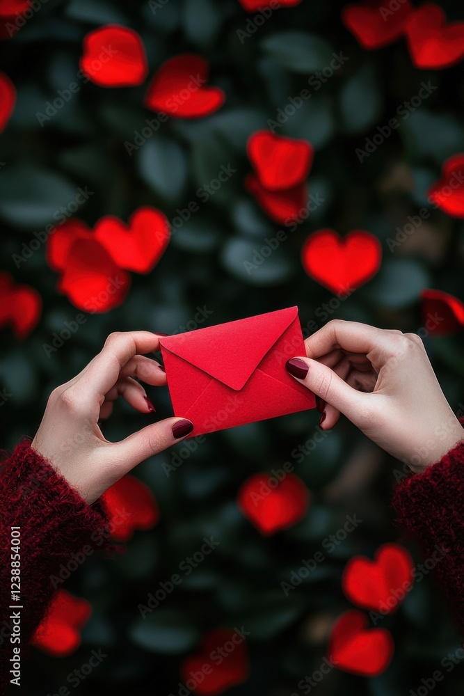 Poster a pair of hands holds a red envelope in front of a backdrop of heart-shaped red flowers.