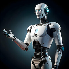 Advanced humanoid robot posing with open hand presenting technology ai 3d blue white black image